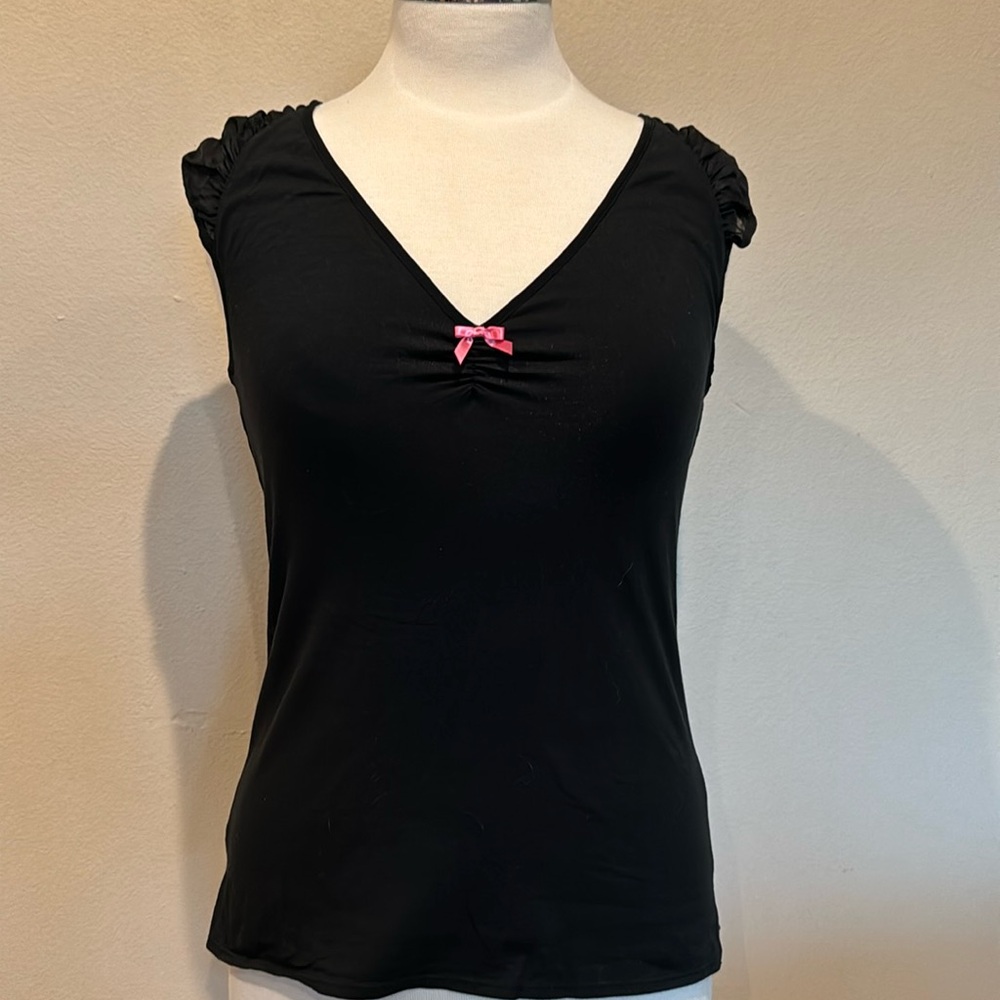 Betsey Johnson Intimates Black Top with Pink Bow, Mesh Sleeves, Size Medium, EUC